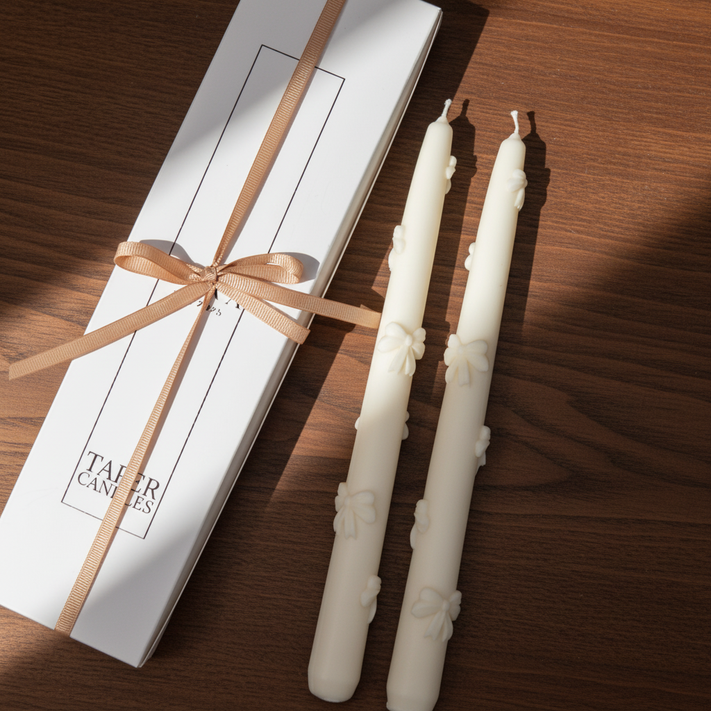Two white candles with floral designs next to their packaging on a wooden surface