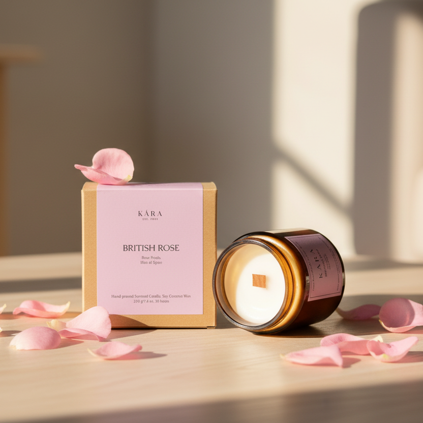 Kara Rose candle and packaging on a wooden surface with pink petals.