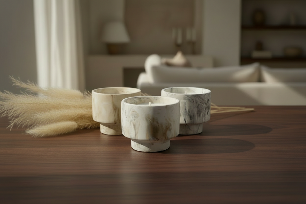 Three stone candles on a wooden surface with a blurred indoor background