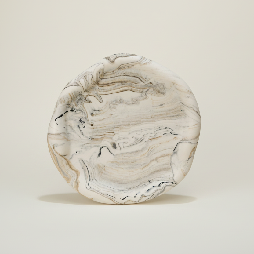 Marble-patterned ceramic plate on a beige background