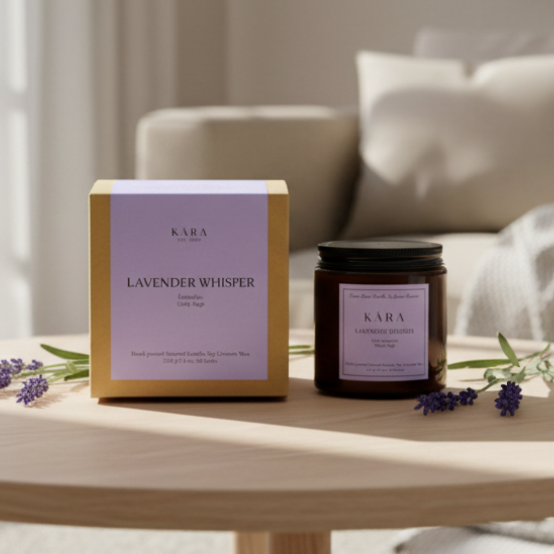 Kara Lavender Whisper candle and packaging on a wooden surface with a blurred background
