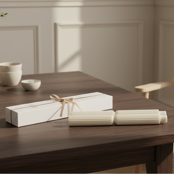 White gift box with candles with a bow on a wooden table, with white bowls in the background.