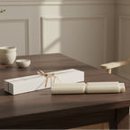 White gift box with candles with a bow on a wooden table, with white bowls in the background.
