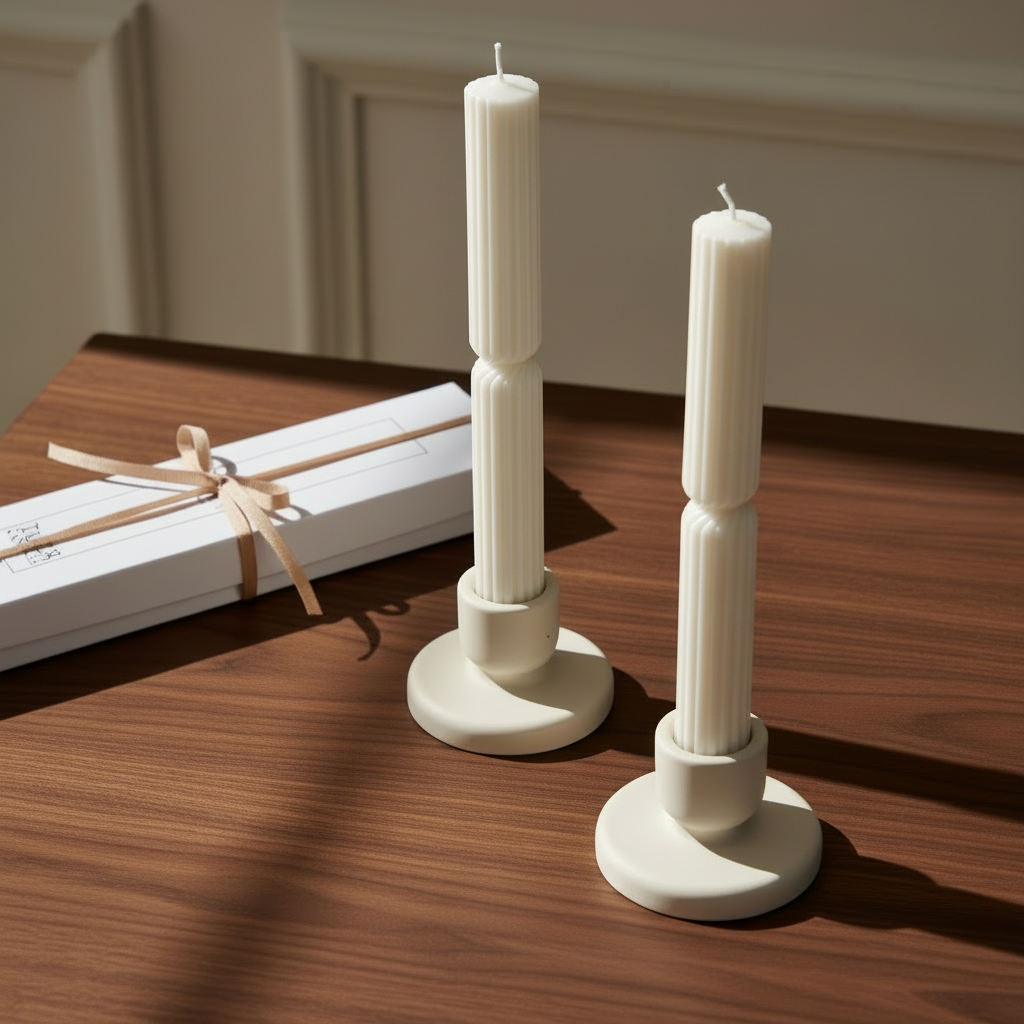 Two white candle holders with candles on a wooden surface.