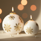 Two white spherical candles with gold snowflake designs on a blurred background with warm lights.