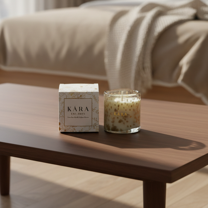 Candle and packaging on a wooden table with a blurred sofa in the background