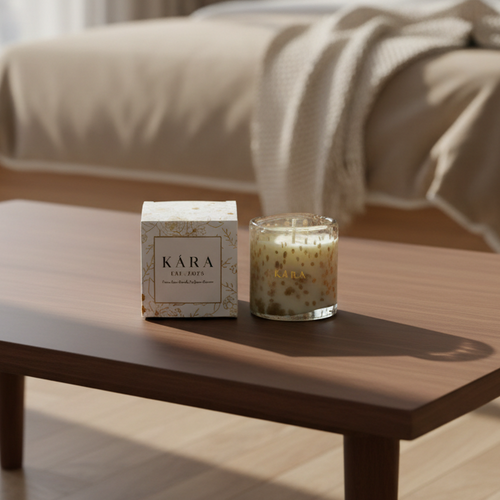 Candle and packaging on a wooden table with a blurred sofa in the background