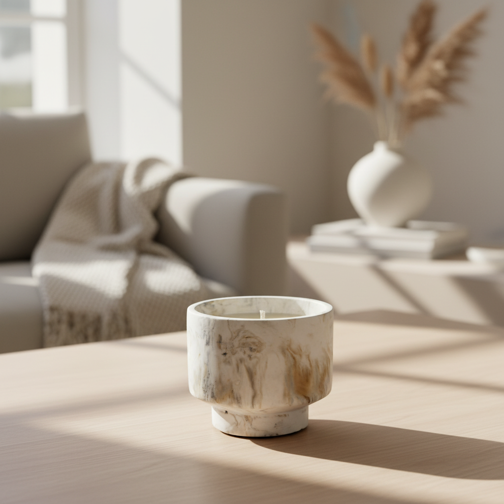 Marble-patterned candle on a table with a blurred living room background