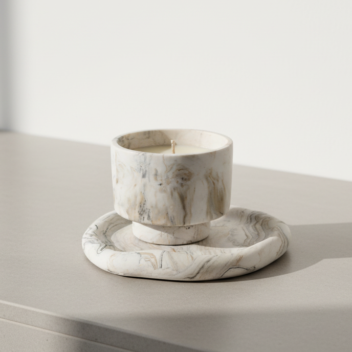 Marble-patterned candle holder with a candle on a light surface.