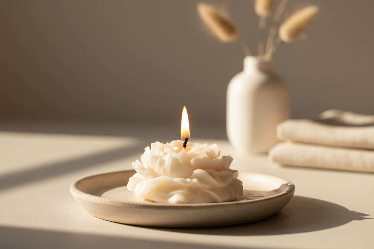 Candle with decorative wick on a plate with a vase and towels in the background