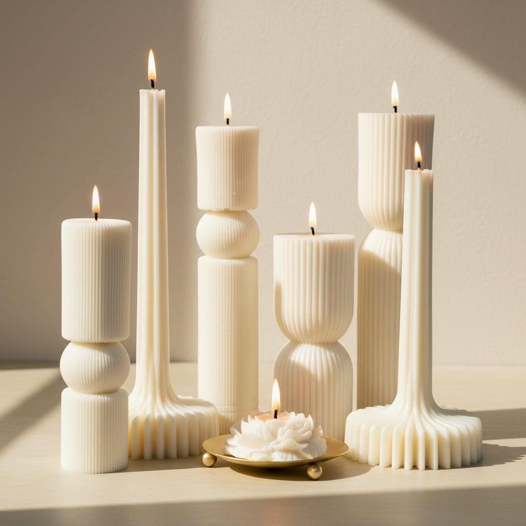 Set of decorative candles with unique holders on a light surface.