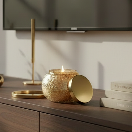 Gold textured candle holder with a lit candle on a wooden surface, with books and a lamp in the background.