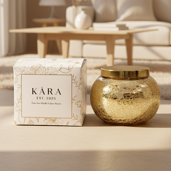 Gold candle and packaging with  Kara branding on a light background
