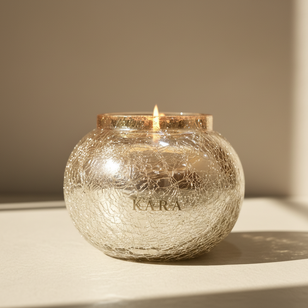 Glass candle holder with a crackled texture and 'KARA' branding, containing a lit candle on a neutral background.