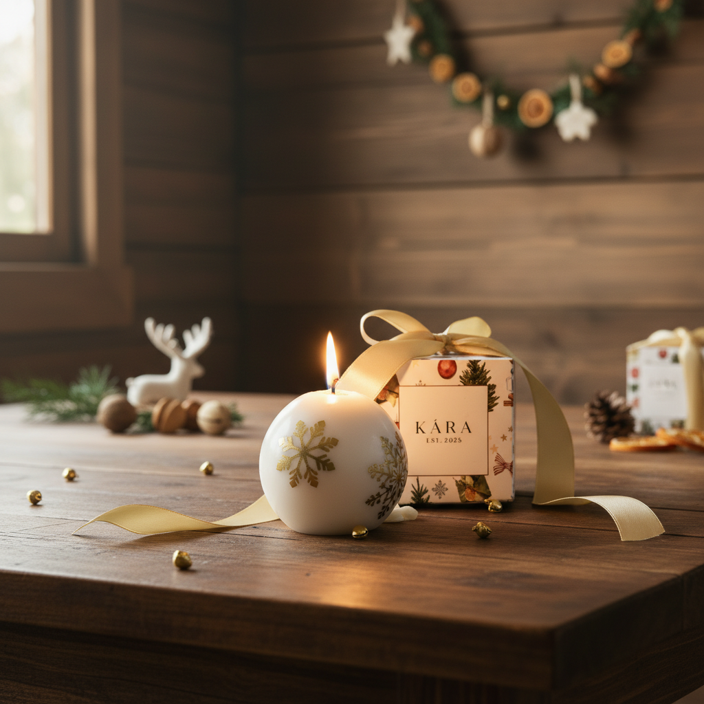 Candle with decorative packaging on a wooden table, surrounded by festive decorations.