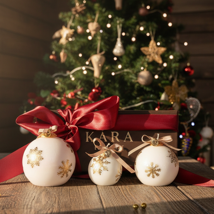 Decorative Christmas ornament candles with gold snowflakes in front of a decorated tree.