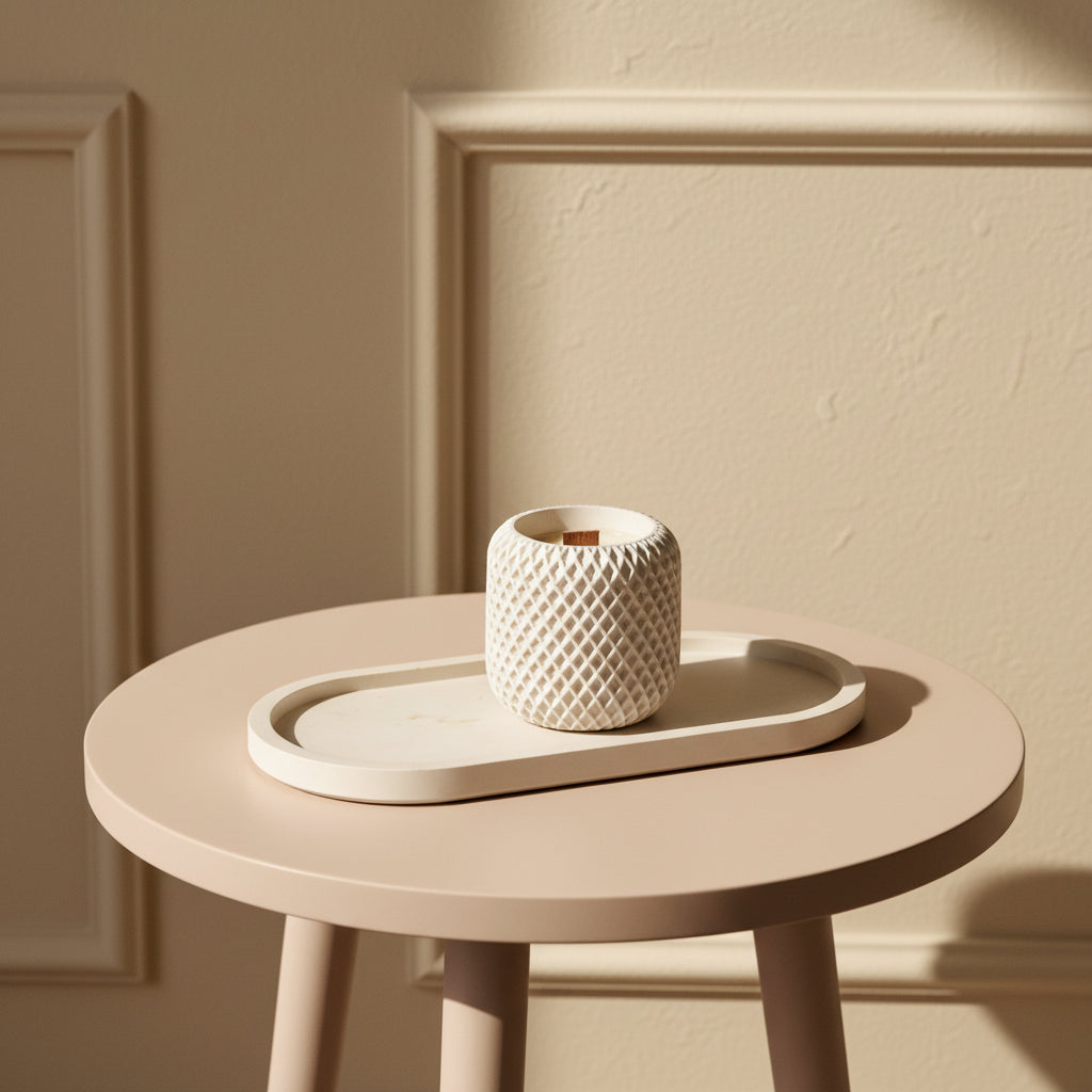 Round beige table with a textured white candle and matching tray against a beige wall.