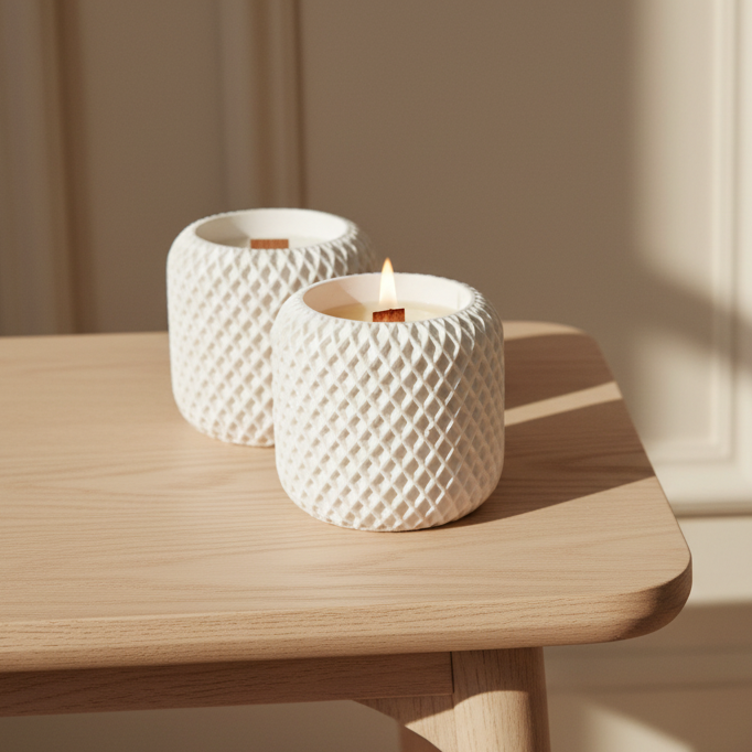 Two textured white candle holders on a wooden surface with a softly lit background.