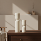 Two textured candles on a wooden surface with a neutral background