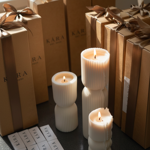 Candlelit scene with KARA branded boxes and candles on a dark surface