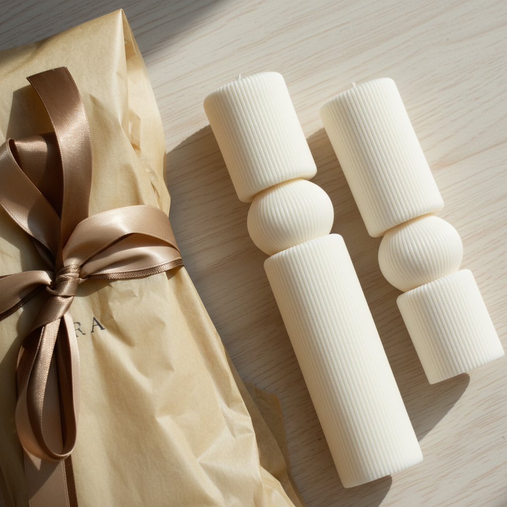 Decorative gift with brown ribbon and beige paper on a wooden surface