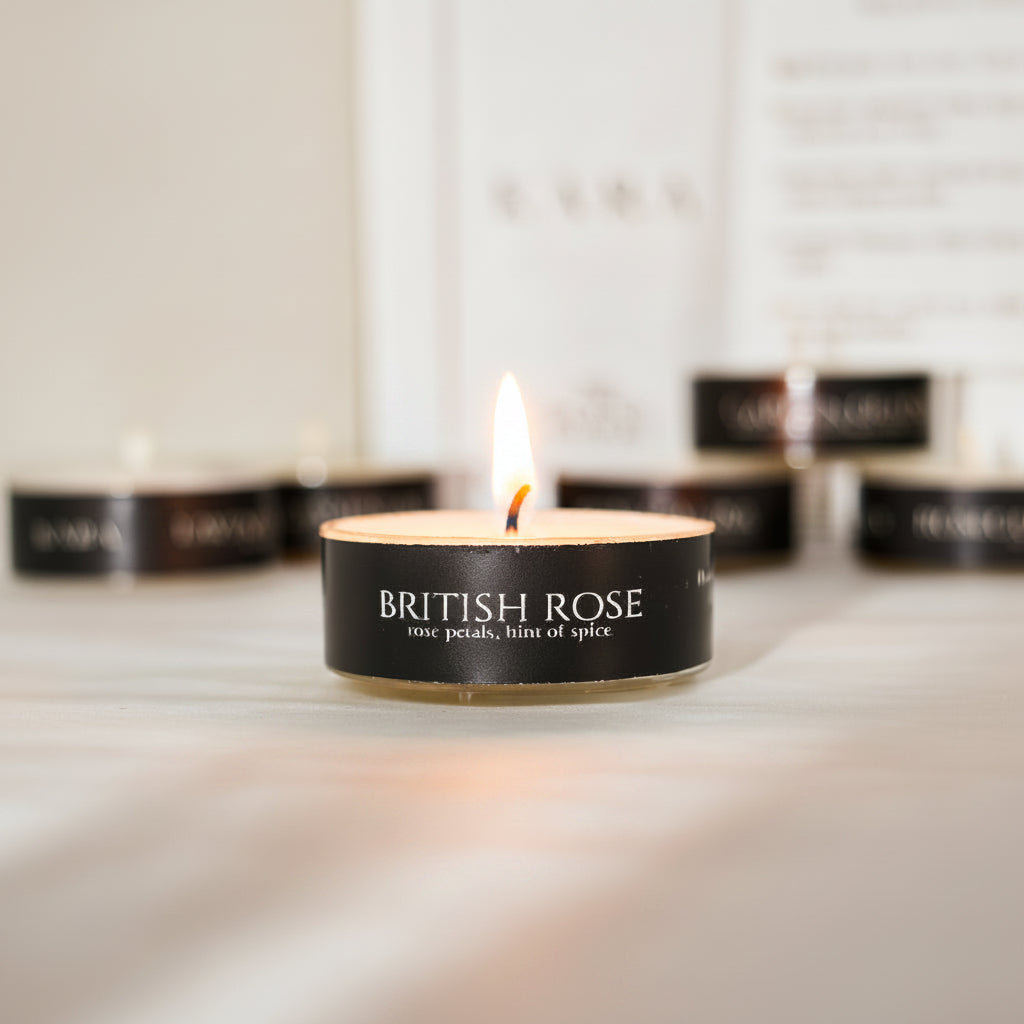 Tea light candle labeled 'British Rose' on a white surface with blurred background