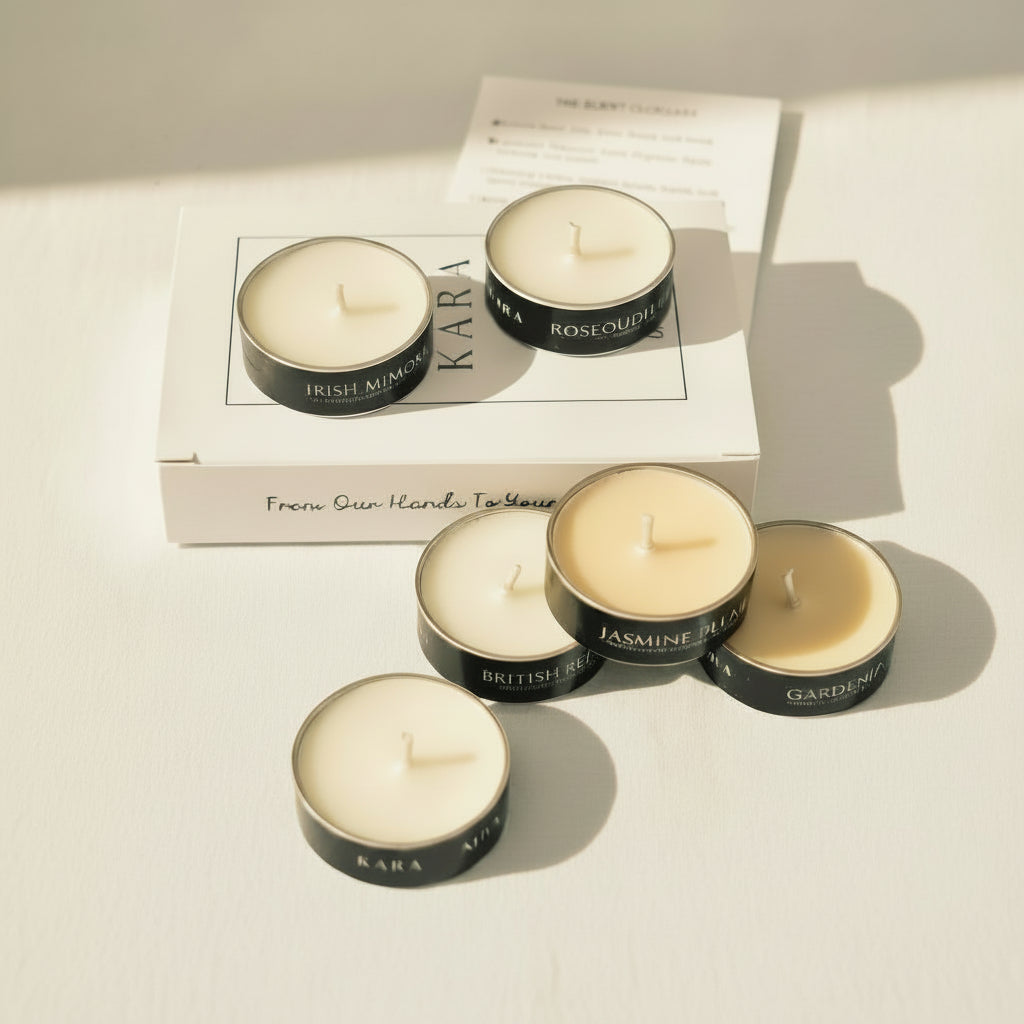 Set of six small candles with visible labels on a white surface.